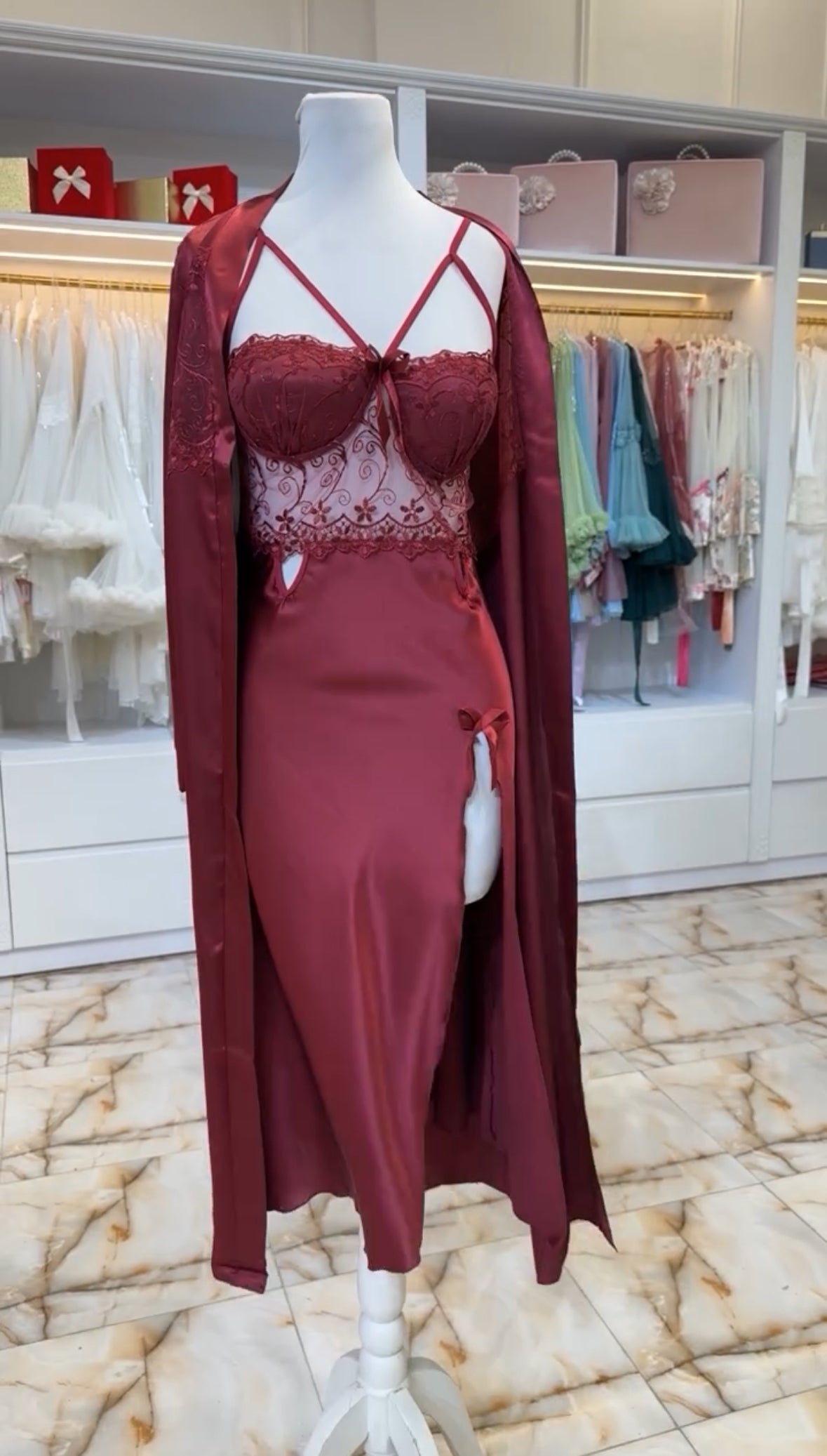 Arabic Style Nightgown Set Maroon 3 PCS