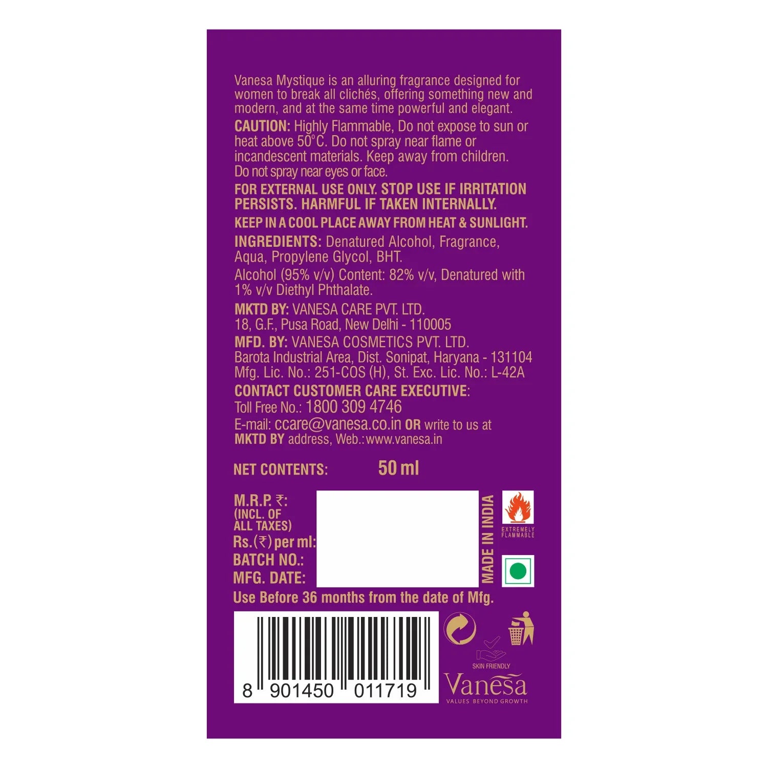 Vanesa Mystique Eau De Parfum | Long Lasting Fragrance Perfume | Skin Friendly | For Women | 50 ml