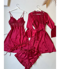 4Pcs Silk Turkish Guipure Detail Nighty Set